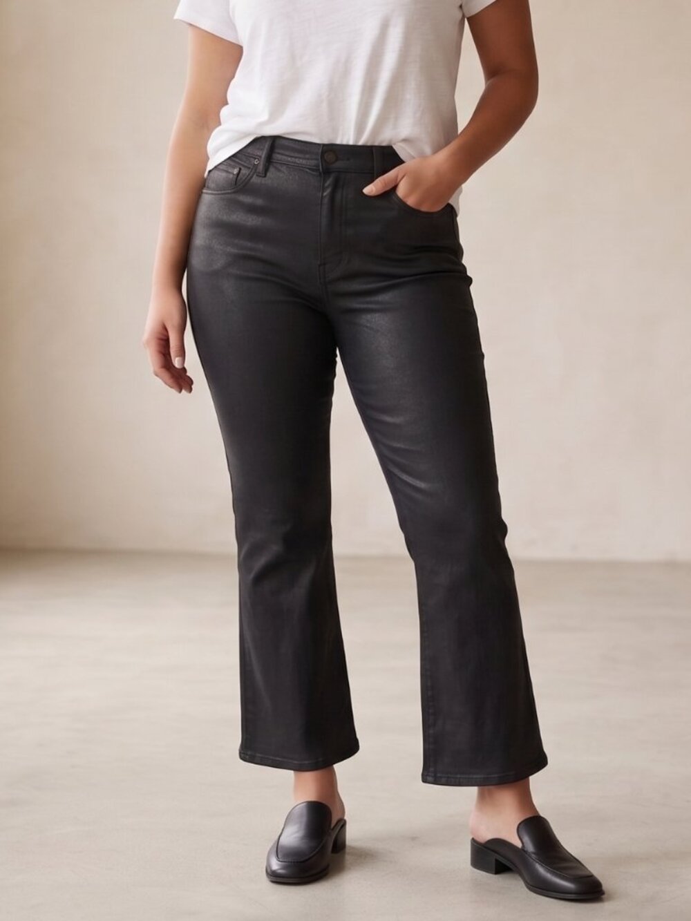 Premium Black Waxed Coated Denim High Waist Cropped Flare Jeans Size 31